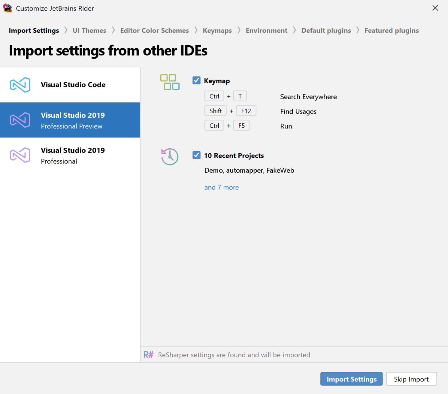 import settings feature in Rider