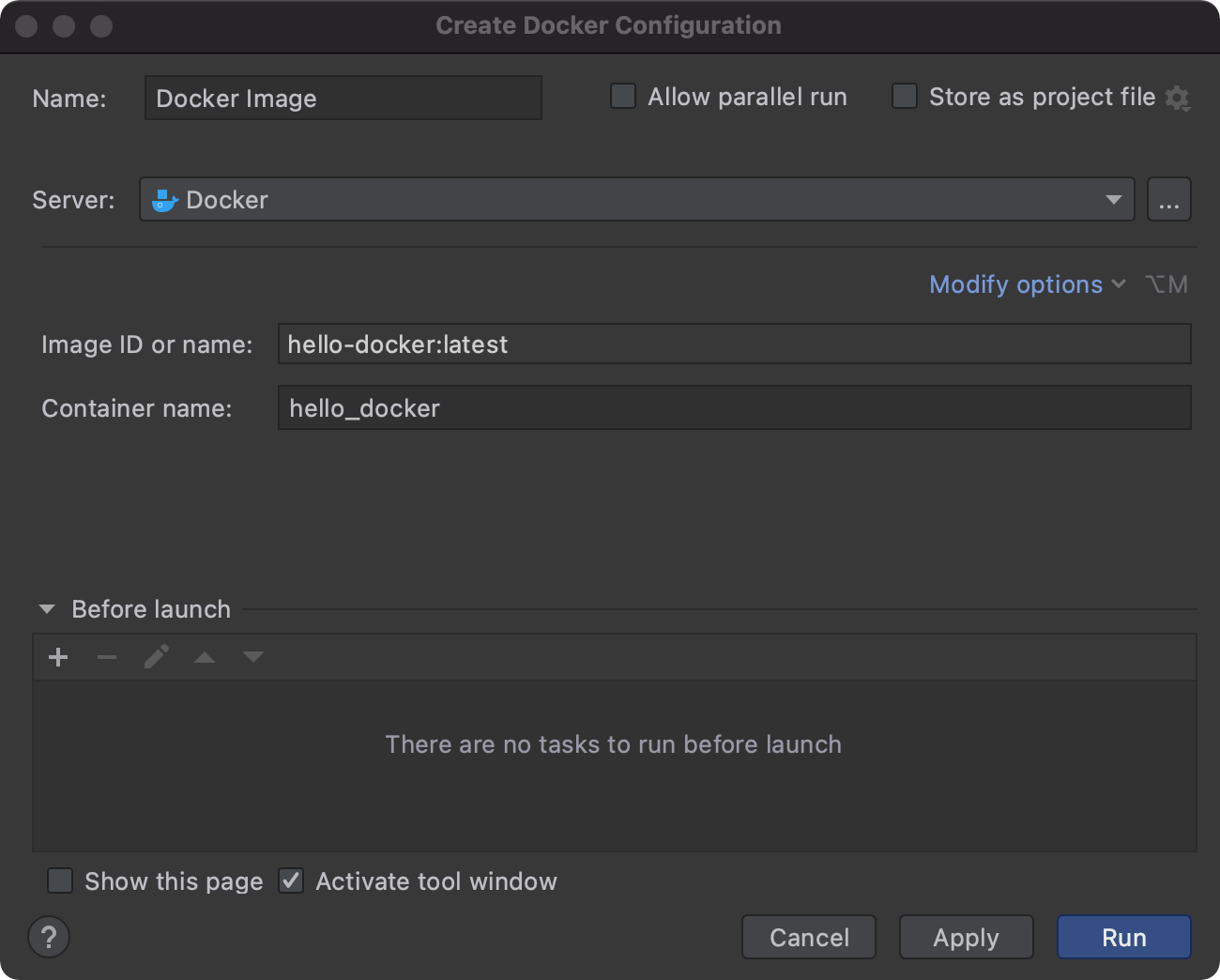 Create a new container settings dialog