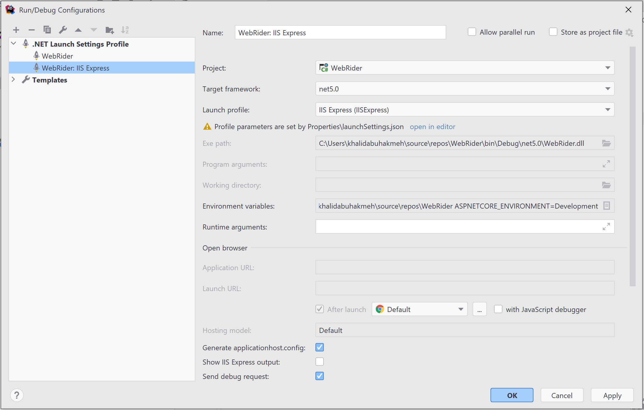 Rider's launchSettings UI