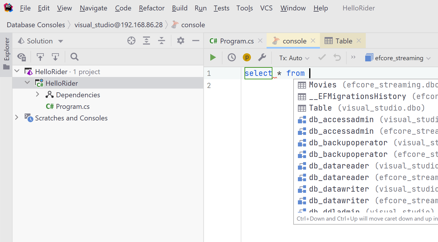 JetBrains Rider SQL Console code completion