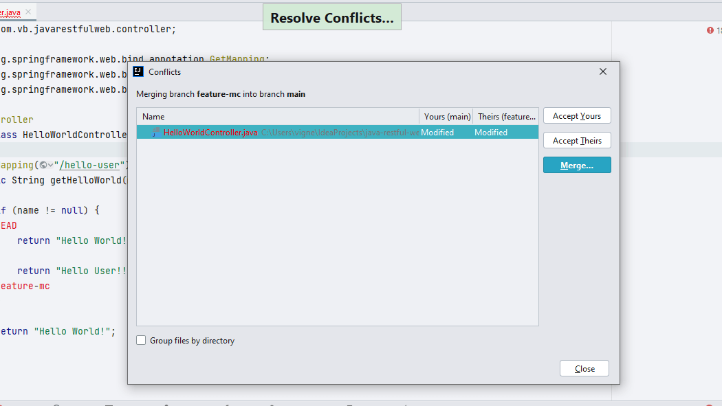 Conflicts Dialog Showing List of Conflicted Files