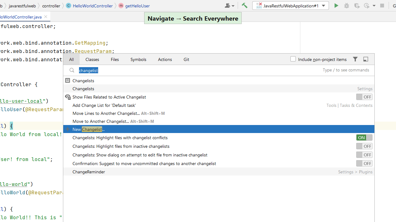 New Changelist using Search Everywhere