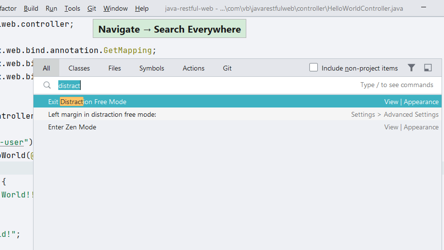 Toggle Distraction Free Mode using Search Everywhere