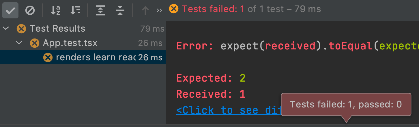 Jest tool window shows which tests fail