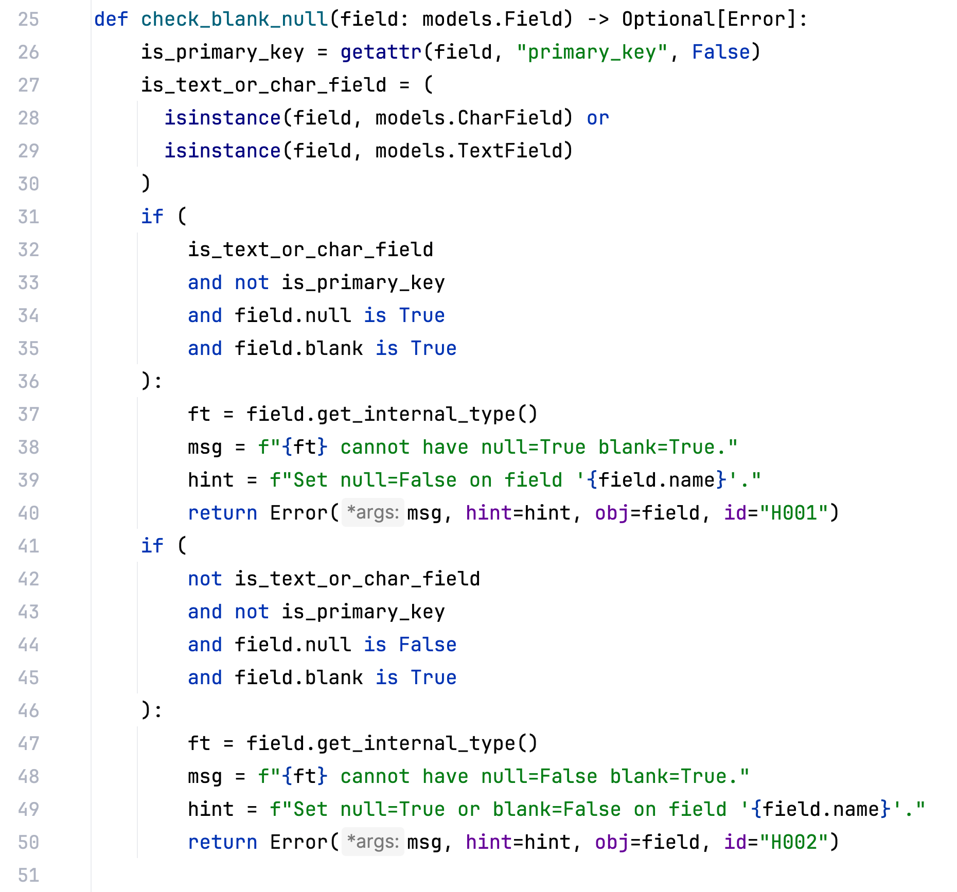 function that checks a field's blank and null values and returns an error