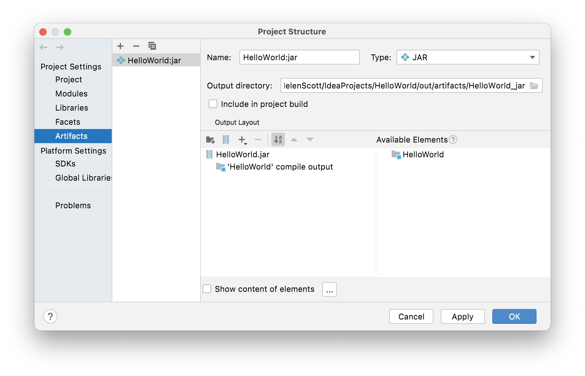 Hello World JAR in the Project Structure dialog