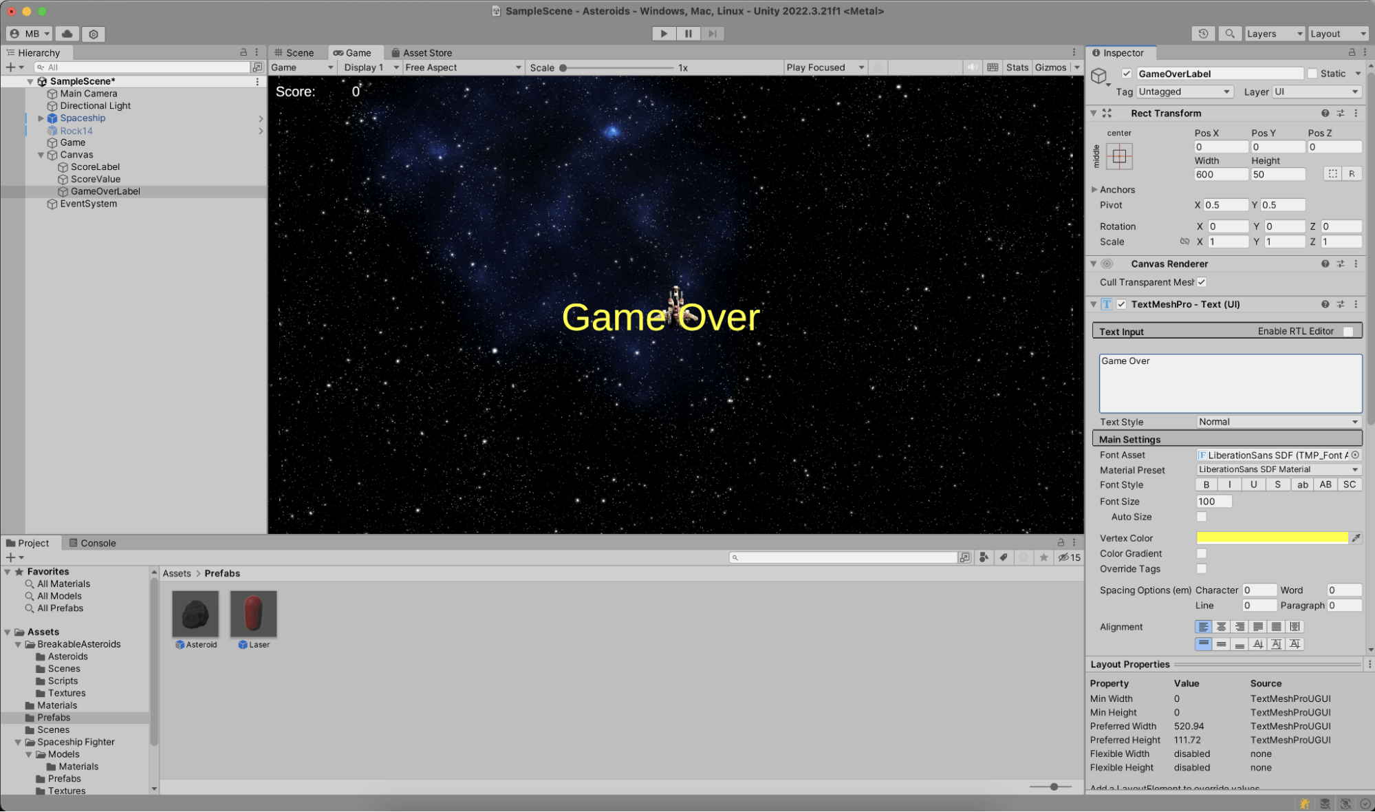 Add Game Over label in Unity game