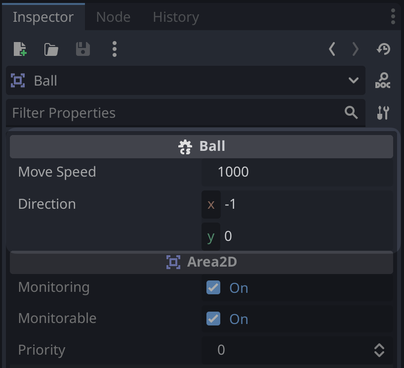 Exported values of ball in inspector