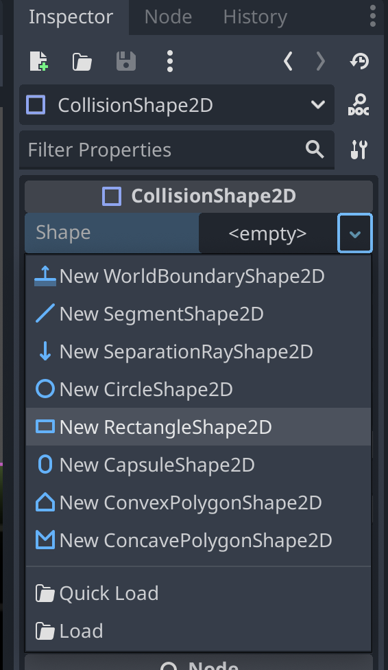 Choosing a collision shape in the inspector