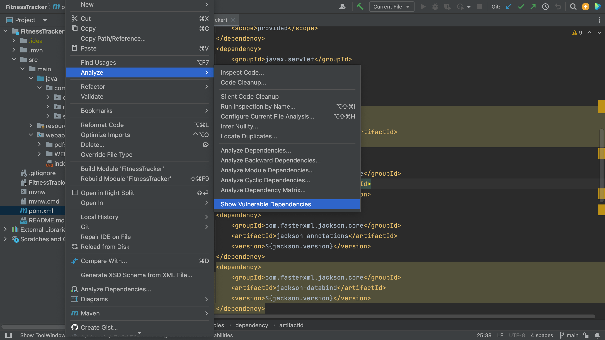 Open Vulnerable Dependencies tool window from pom.xml