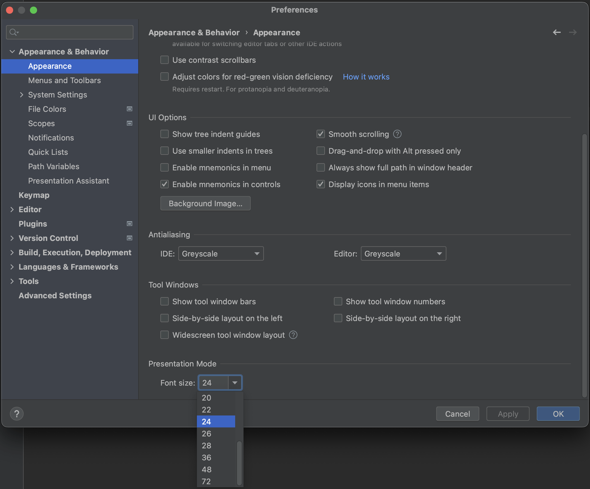 Configure Presentation Mode Font size