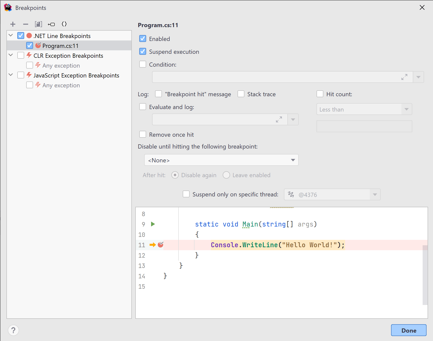 JetBrains Rider breakpoints tool window