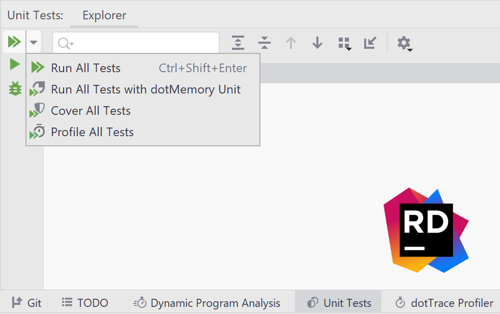 Rider unit test tool window vertical action bar