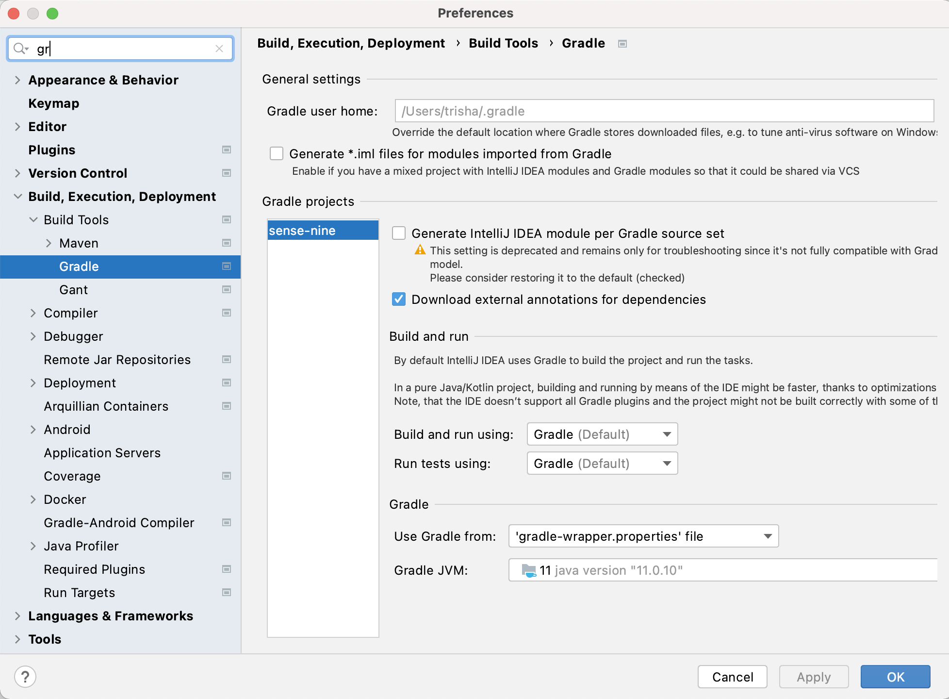Settings/Preferences Gradle settings