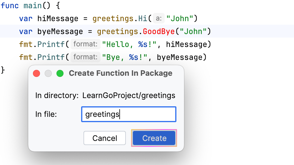 Create a function in another package