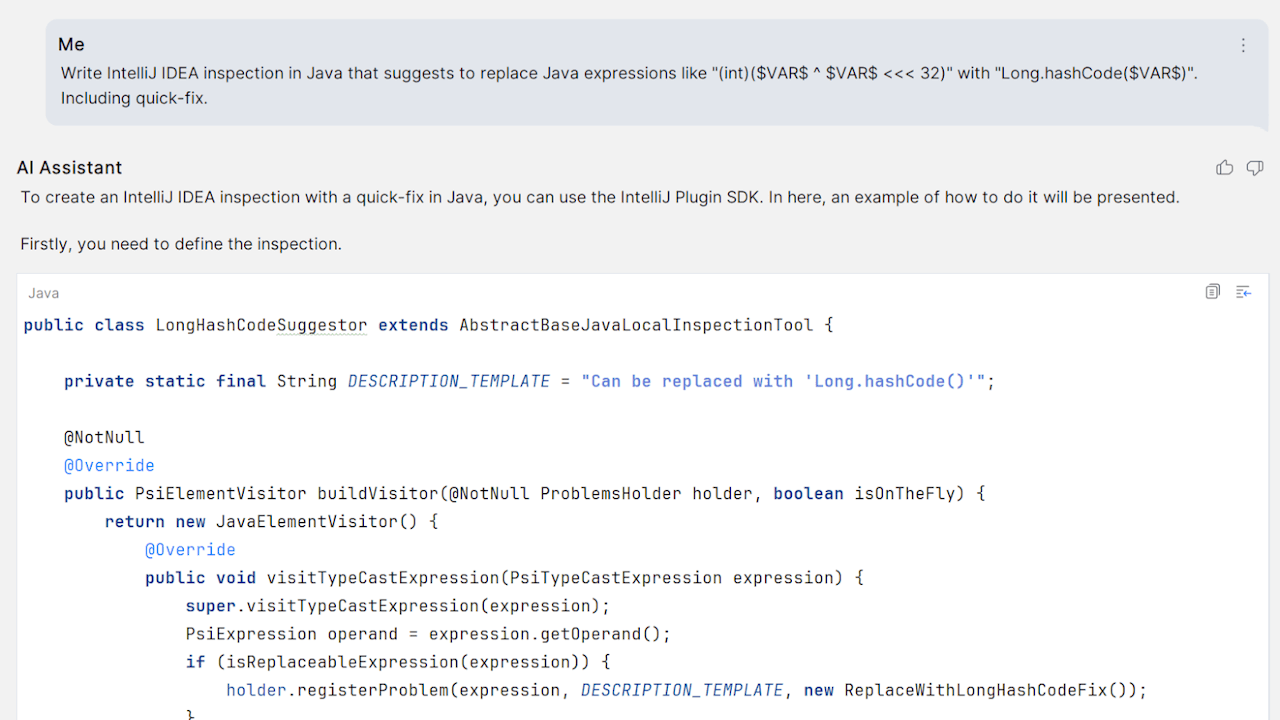 Writing a Java Inspection for IntelliJ IDEA Using AI Assistant