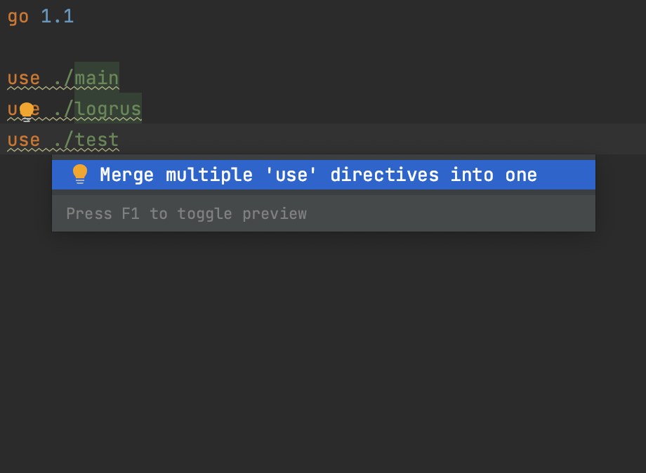 Group multiple `use` directives in `go.work`