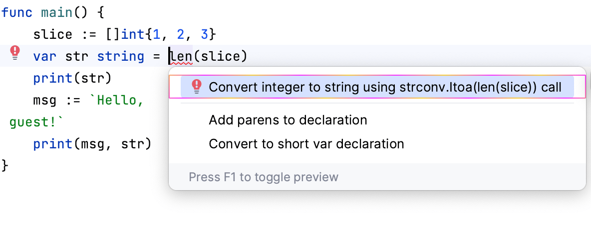 Intention action to convert integers to strings