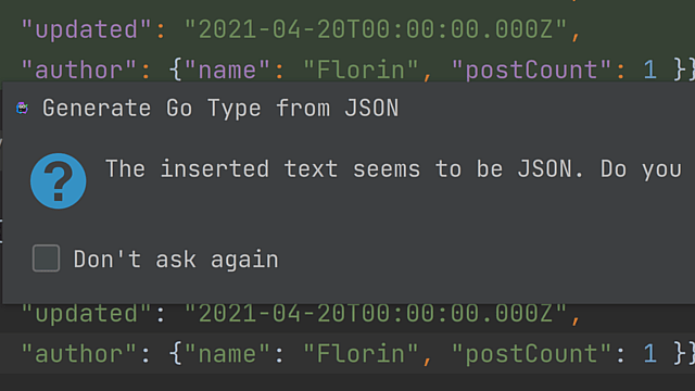 Convert JSON to Go types via copy-paste