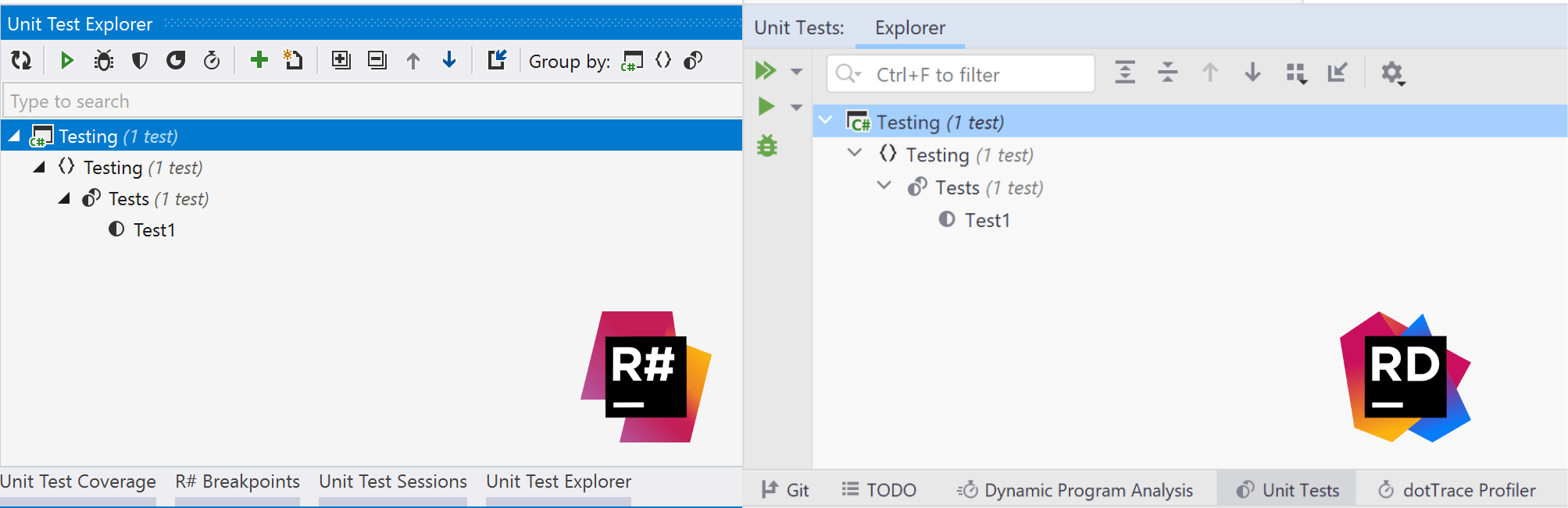 Comparison between Unit Test Explorer windows and Rider Unit Tests