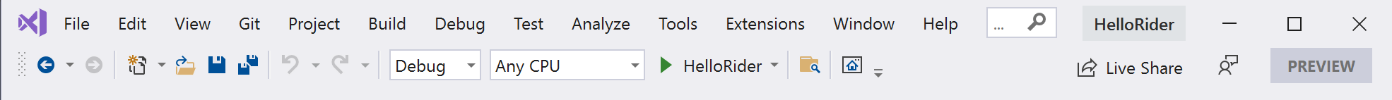 Visual Studio default toolbar