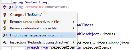 A quick-fix that automatically fetches JetBrains.Annotations package from NuGet