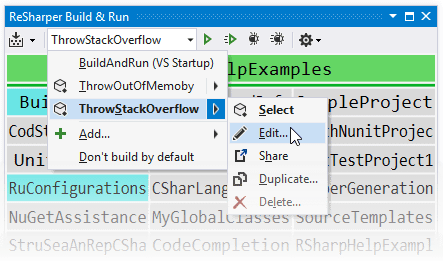 Run configurations in the ReSharper Build &amp; Run window