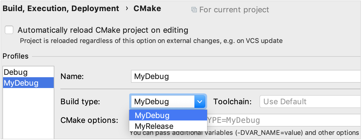 custom build types for new cmake profile