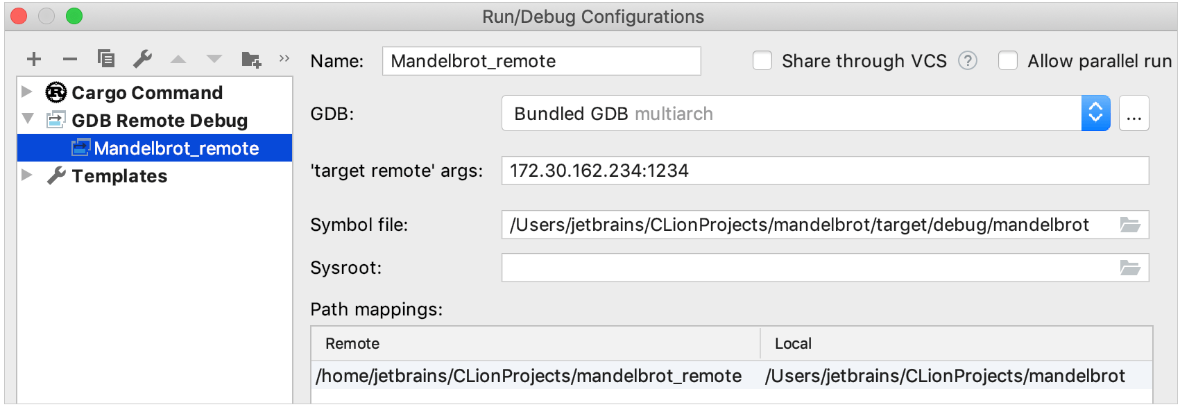 GDB remote debug configuration for a Rust project