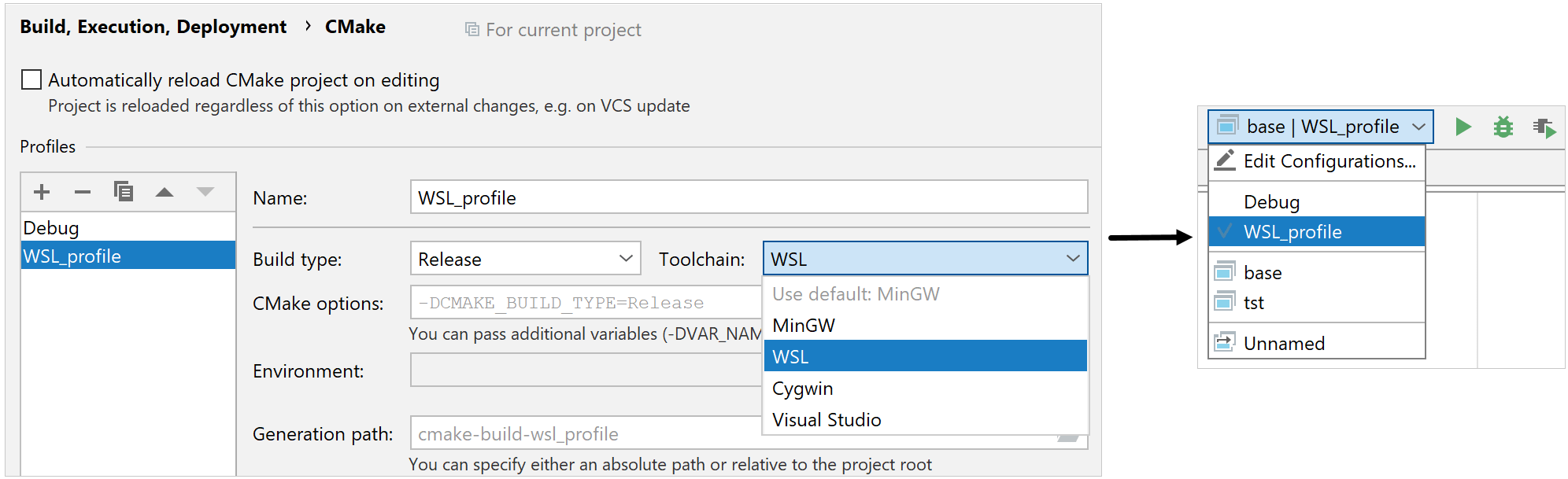 cmake profile for wsl toolchain