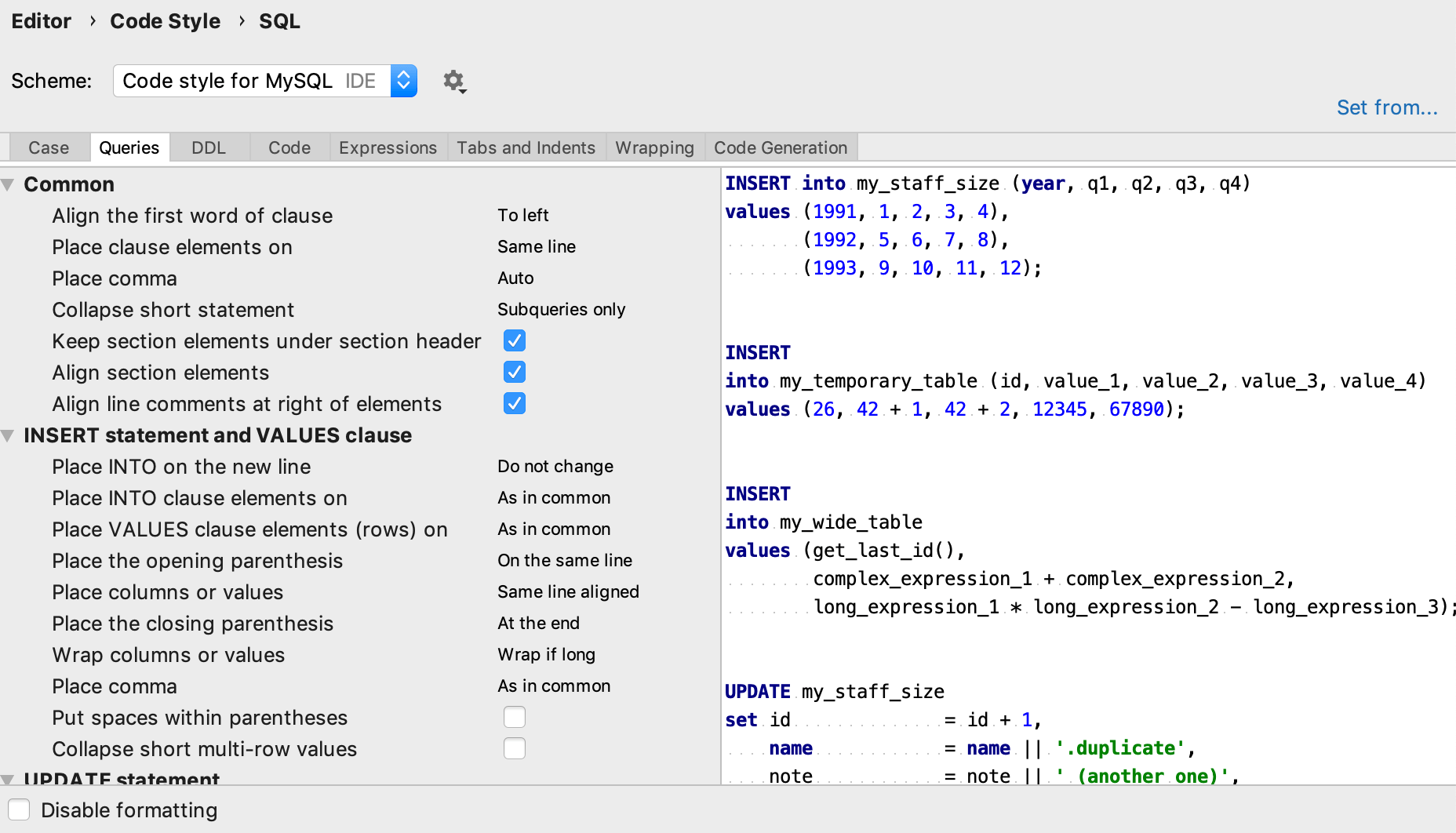 Code style settings