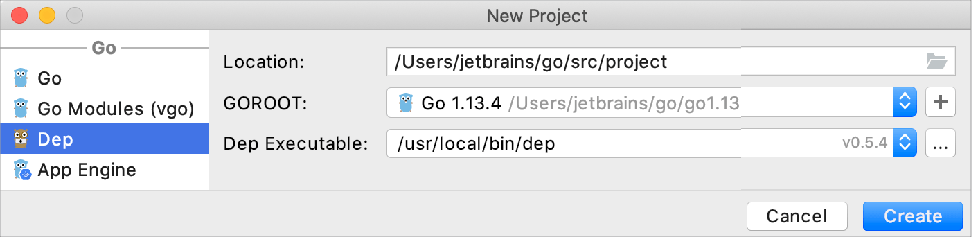 Create a project with Dep integration