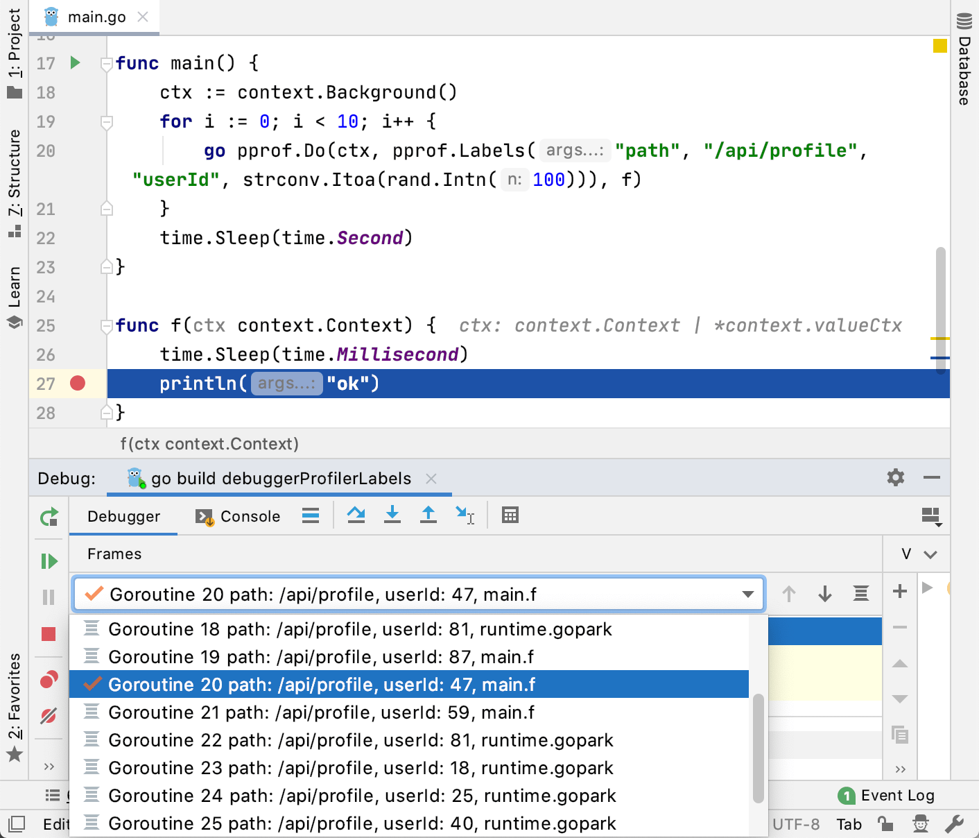 Go Debugger: profiler labels are supported
