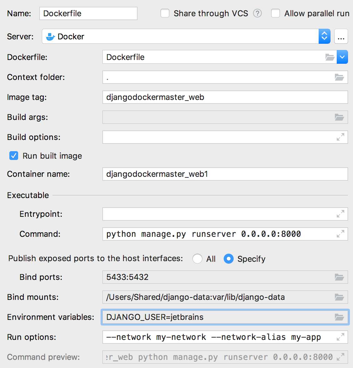 The Edit Deployment Configuration dialog with environment variables