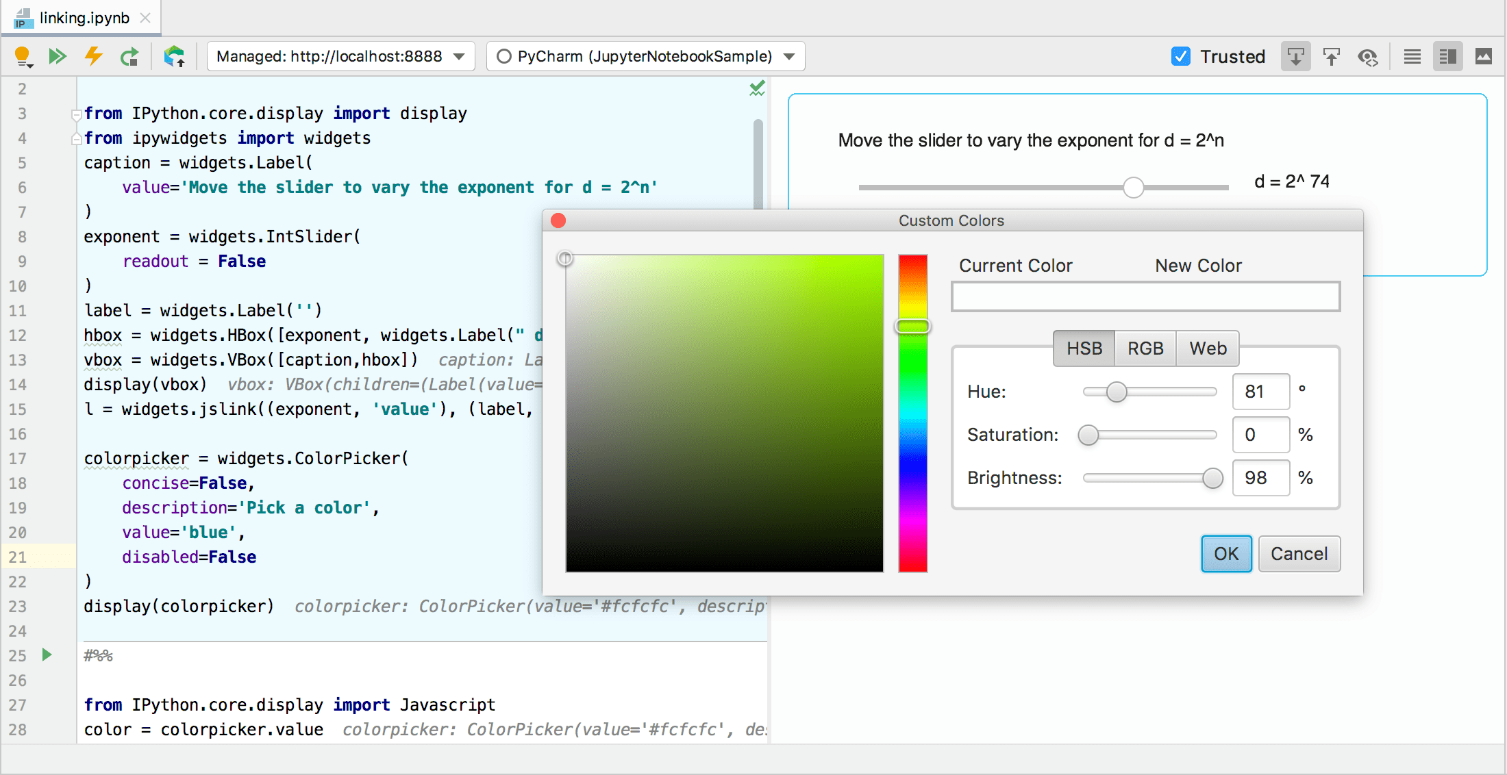 example of calling a JavaScript interactive widget from Python code