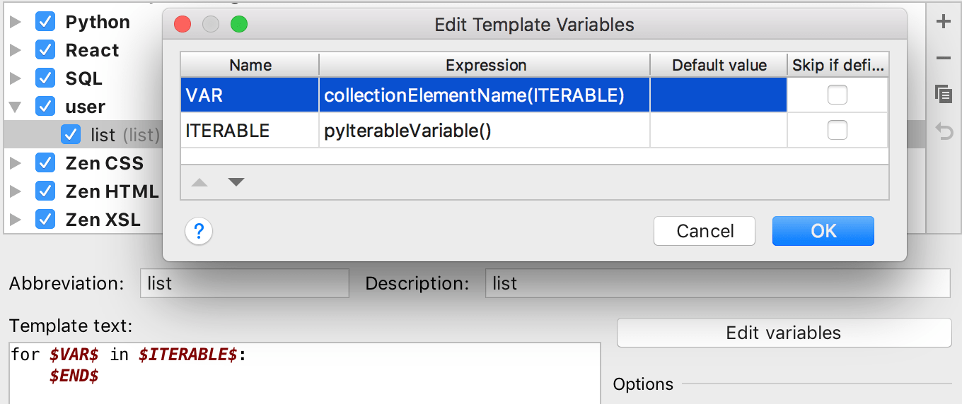 Using pyIterableVariable() in live templates