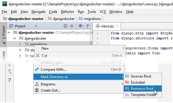 Mark directory in the Project tool window