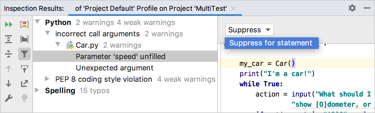 Suppressing inspection in the Inspection Results tool window