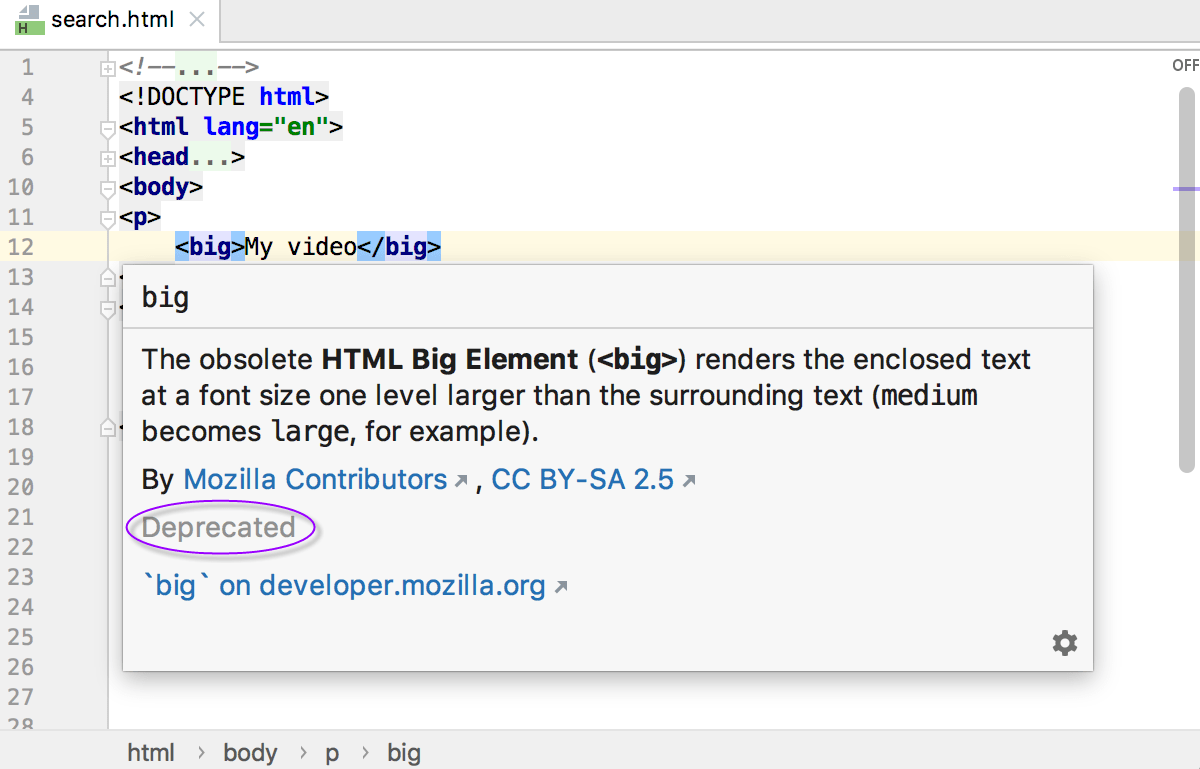 HTML quick documentation: status Deprecated for &lt;big&gt; tag