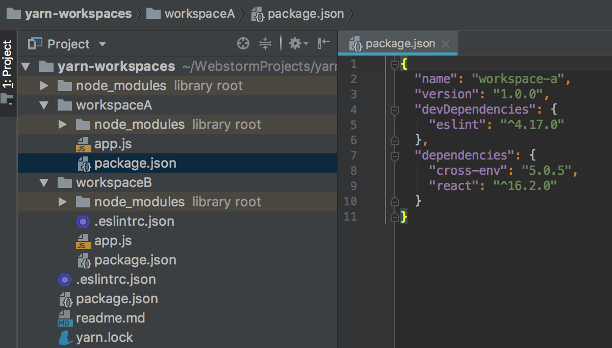 PyCharm indexes all the dependencies listed in different package.json file but stored in the root node_modules folder