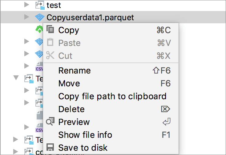 Context menu to work with the data files