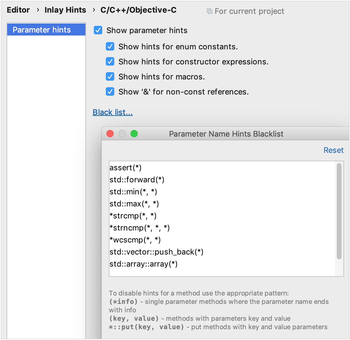 parameter hints settings