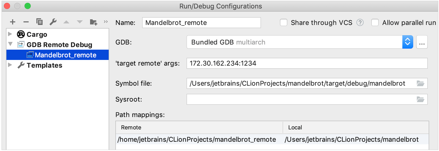 GDB remote debug configuration for a Rust project