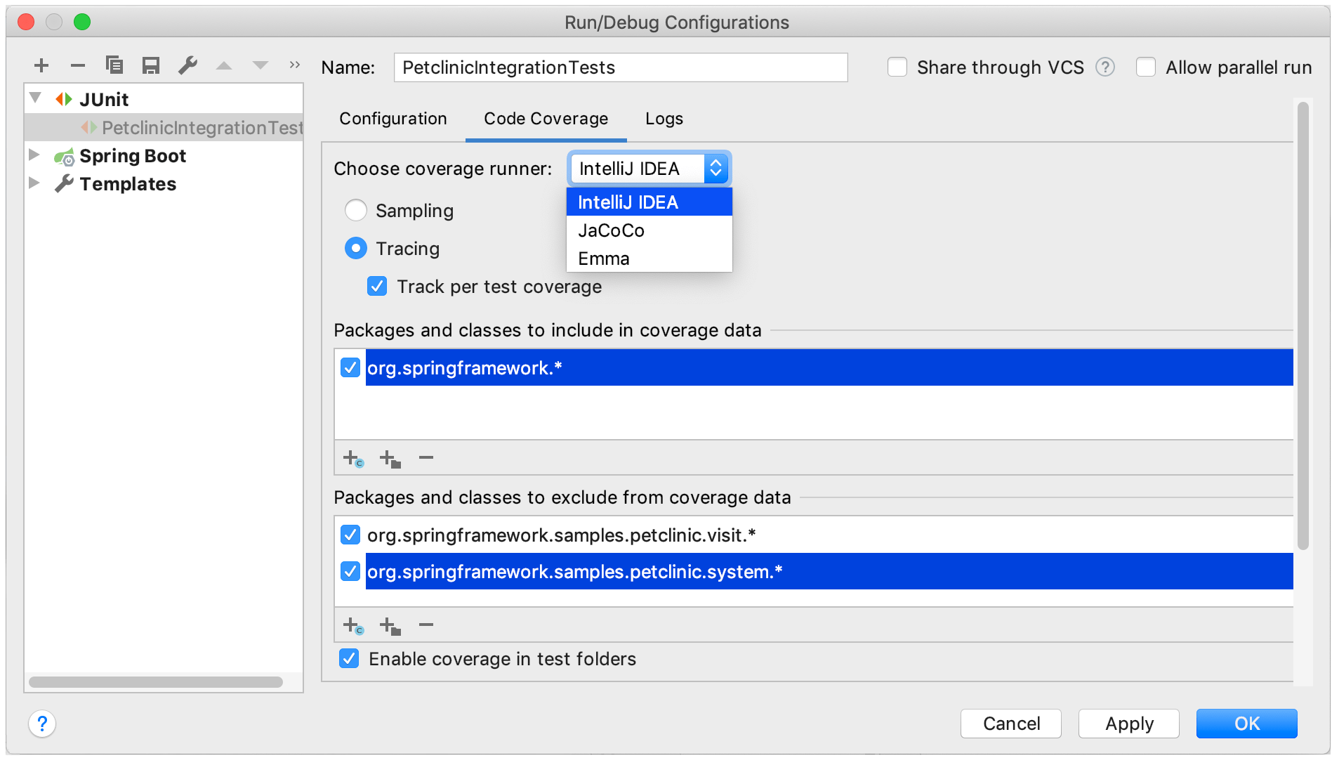 Code Coverage tab in the Run/debug Configuration dialog