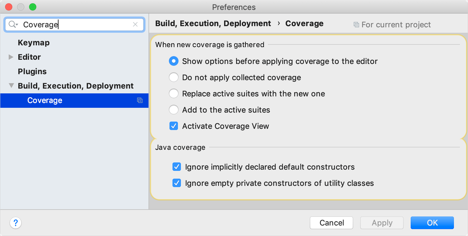 Code Coverage settings page