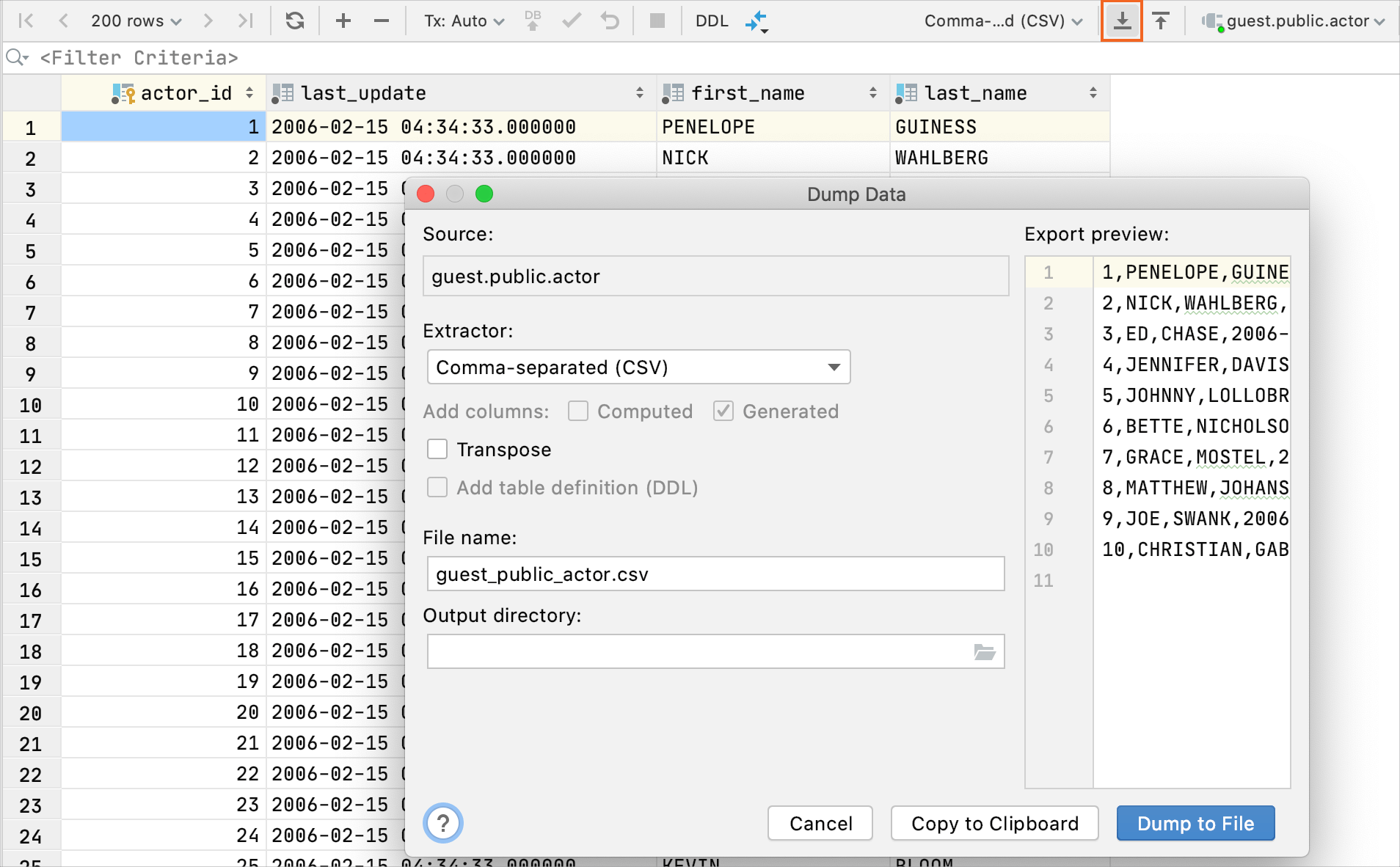 Export data from the editor