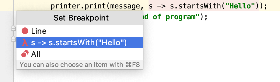 A popup lets you select between a regular line breakpoint and a lambda breakpoint