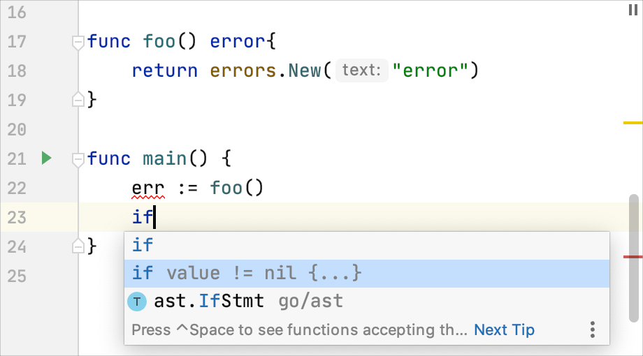 Code completion: handling errors with 'if err != nil { ... }