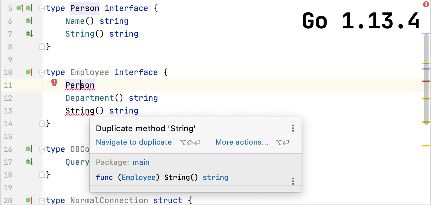 Go 1.13.4 does not support embedding overlapping interfaces