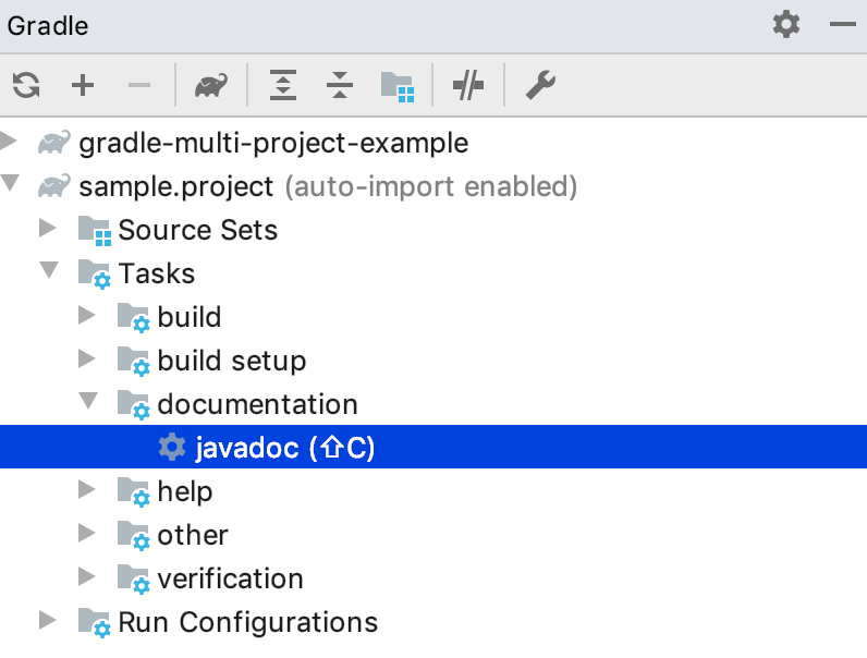 Gradle tool window: displayed shortcut